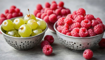 Fresh gooseberries and raspberries in colanders, summer berriesの素材