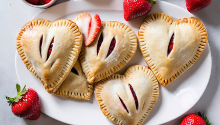 Heart shaped strawberry hand pies, homemade treats for Valentines Day overhead shotの素材
