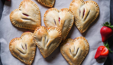 Heart shaped strawberry hand pies, homemade treats for Valentines Day overhead shotの素材