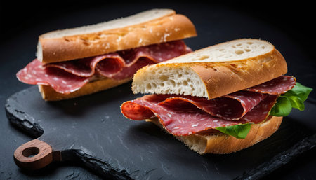 Milanese sandwich with salami on a black background. Italian foodの素材