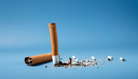No smoking. Cigarette butt on a blue backgroundの素材
