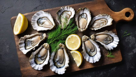 Opened oysters on a cutting Board with white wine, a bunch of dill and lemon slices. On dark rustic backgroundの素材