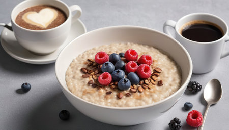 Porridge in a bowl with berries, and coffeeの素材