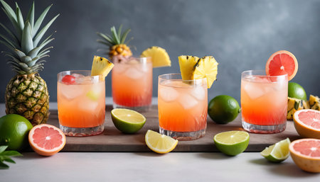 Refreshing summer cocktails with bitters on the table with lime, grapefruit and pineappleの素材