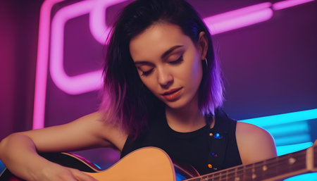 acoustic guitar being played by woman sitting downの素材