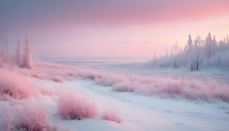 pink cold dawn morning in a snowy forestの素材