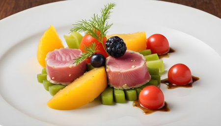 Tuna medallions with fruits and vegetablesの素材