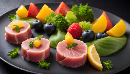 Tuna medallions with fruits and vegetablesの素材