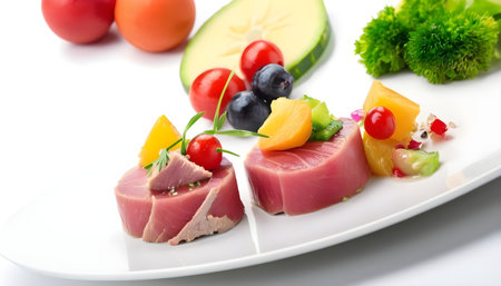Tuna medallions with fruits and vegetablesの素材