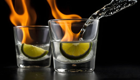 Vodka with lime slices in a shot glassの素材