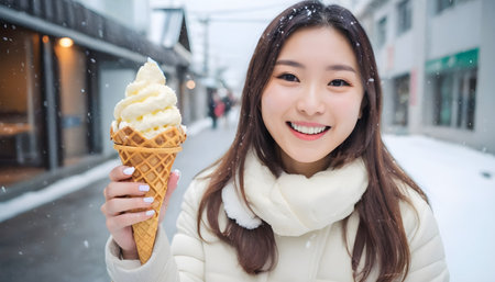 Beautiful young woman smile and happy with ice cream in snow winter seasonの素材