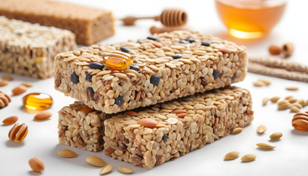 Cereal bars with different seeds. Whole grains bars with honeyの素材