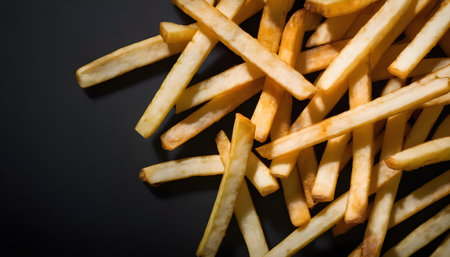 French fries isolated on black backgroundの素材