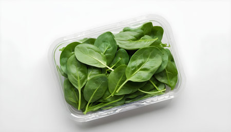 Fresh Baby Spinach Leaves in Transparent Plastic Package on white Backgroundの素材