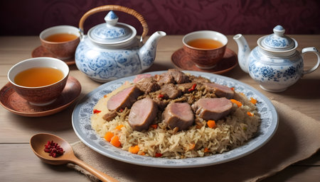 pilaf with meat on the table in oriental styleの素材