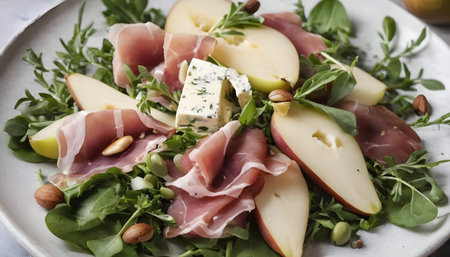 Salad with pears, herbs, arugula, prosciutto, cheese, green olives and nuts.の素材