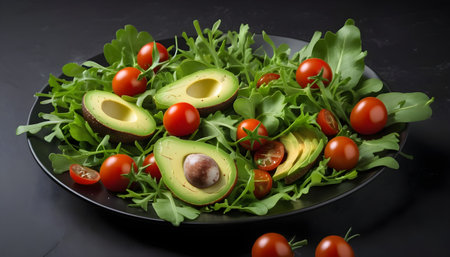 salad of arugula, lettuce leaves, cherry tomatoes and avocadoの素材