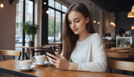 Young beautiful woman sitting in cafe and using smartphone.の素材