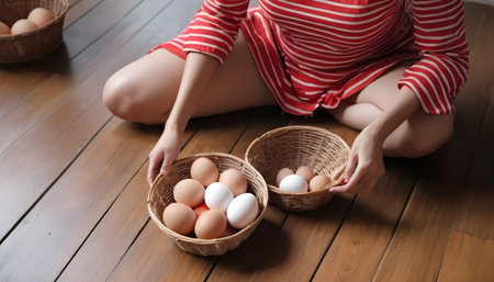 Women with fresh eggs in a rattan basketsの素材