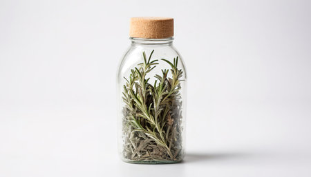 Dry rosemary in plastic bottle isolated on white backgroundの素材