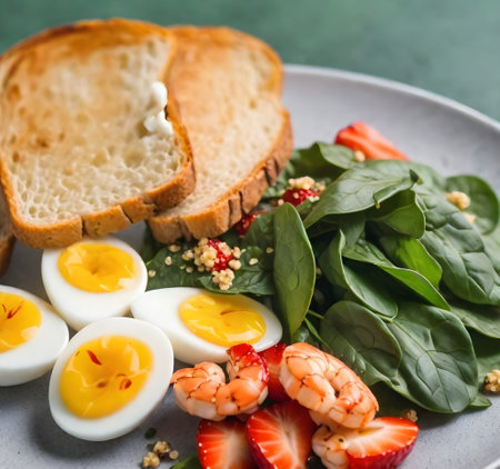 A plate with a healthy meal consisting of spinach salad with quinoa and strawberries, boiled eggs cut in halves, grilled shrimp, and toasted breadの素材
