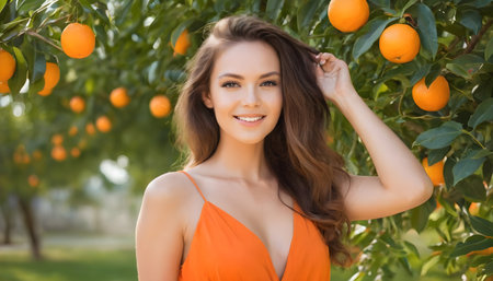 Happy woman enjoying time outdoors holding orange treeの素材