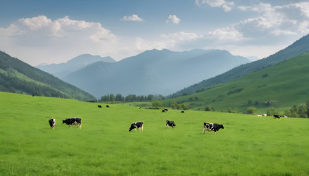green meadow on the background of mountains where cows grazeの素材