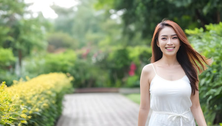 Portrait of beautiful woman walk on path walk in the gardenの素材