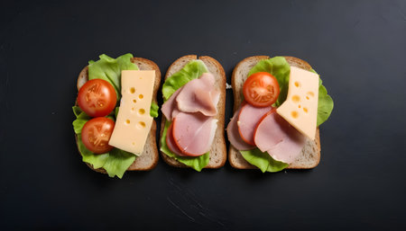 Sandwich toast with lettuce, ham, cheese and tomato on black backgroundの素材