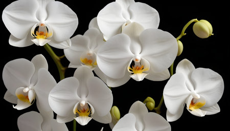 white moon orchid flowers isolated on a black backgroundの素材