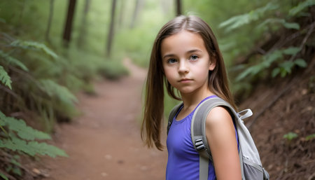 Young girl looking natural on the hiking trailsの素材