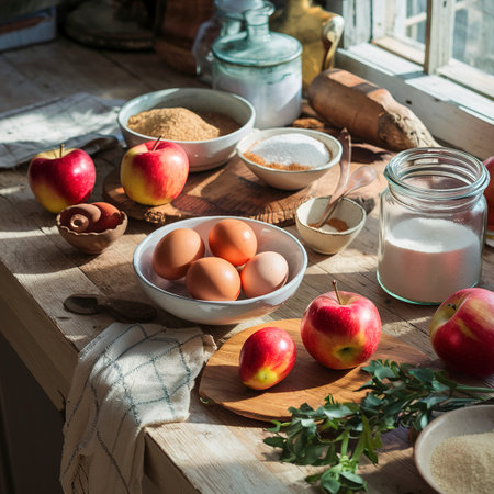 Baking ingredients on rustic table apples, eggs and sugarの素材