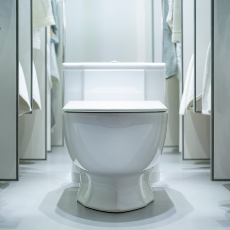 A photograph of a white ceramic toilet bowl in the dressing room or bathroom. Ceramic sanitary ware for correction of needの素材