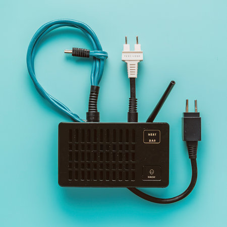 Black wireless router with local area network cable isolated on white backgroundの素材