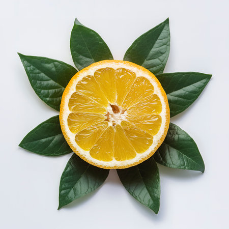 Orange fruit sliced with leaves isolated on white backgroundの素材