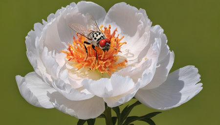 a summer blooming flower of a white treelike peony with an orange center and a purple center with a bud and a fly collecting nectar on a green backgroundの素材