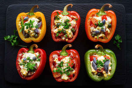 Baked stuffed bell peppers filled with cheese, tomatoes, herbs, capers and anchovies on a black wooden backgroundの素材