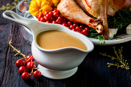Homemade gravy in a sauce dish with turkey for Thanksgiving or Christmasの素材