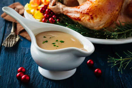 Homemade gravy in a sauce dish with turkey for Thanksgiving or Christmasの素材
