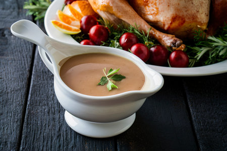 Homemade gravy in a sauce dish with turkey for Thanksgiving or Christmasの素材