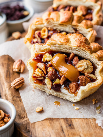 Nuts,maple syrup and honey caramel tart on a wooden backgroundの素材