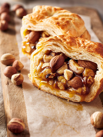 Nuts,maple syrup and honey caramel tart on a wooden backgroundの素材