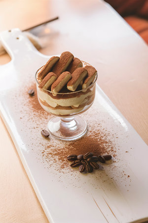Tiramisu dessert in a glass on a white wooden background, traditional Italian.の素材