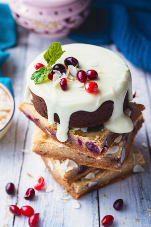 White chocolate cake, blondie, brownie with cranberry and coconut on a white and blue wooden backgroundの素材