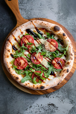 Gourmet pizza with arugula, tomato, balsamic vinegar and parmesanの素材
