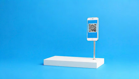 silver mobile phone or smartphone with stage podium empty, barcode, qr code scanning, check mark isolated on blue background. online shopping conceptの素材
