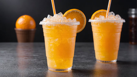 Slush ice with orange in Plastic Cup on backgroundの素材