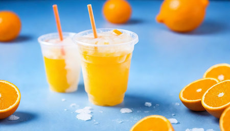 Slush ice with orange in Plastic Cup on backgroundの素材