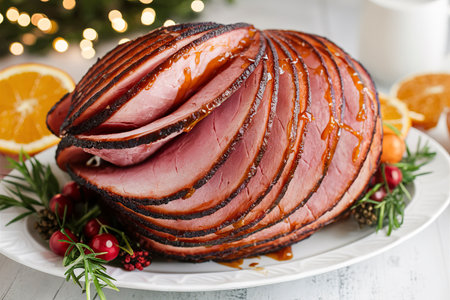 Spiral cut Christmas ham with orange honey glaze on a serving plateの素材