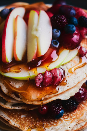 Thin pancakes with apples, honey and fresh berryの素材